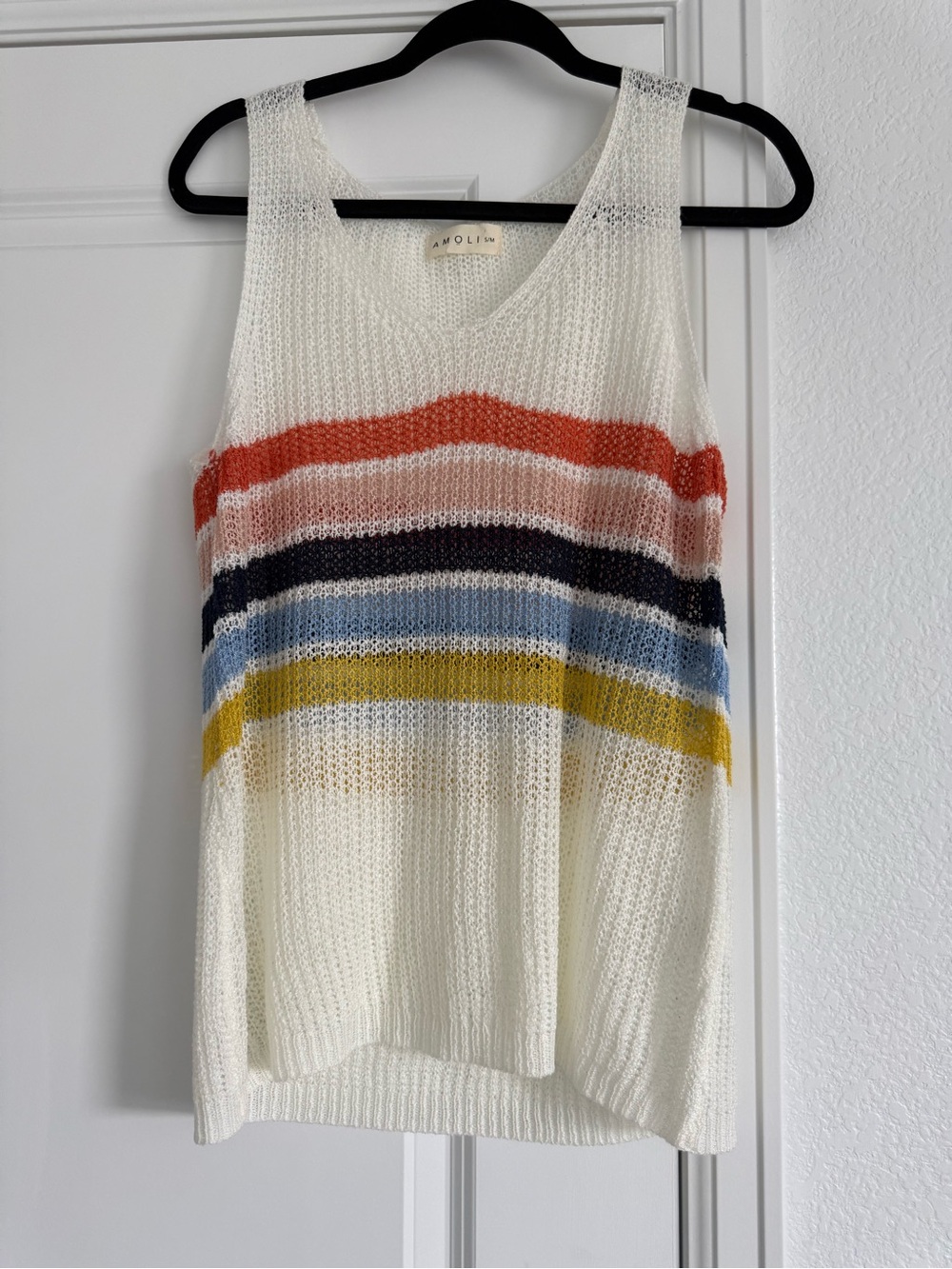 AMOLI Boutique Ivory Knit V-neck, Sweater Tank Top, Rainbow Stripes, Womens S/M